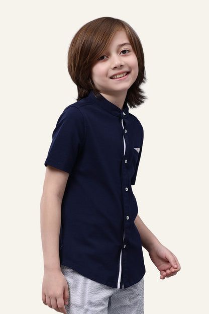 Boys Navy Blue Chinese Collar Shirt