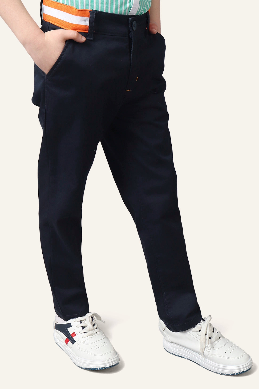 Boys Navy Blue Striped Waistline Trouser