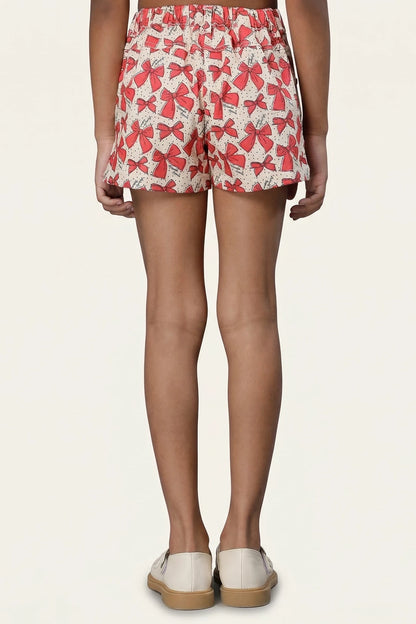 Girls White Short with Red Bow Print