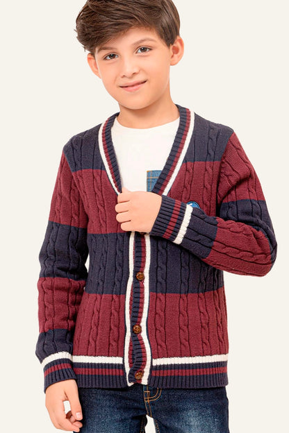 Boys  Blue & Burgundy Stripes Cardigan