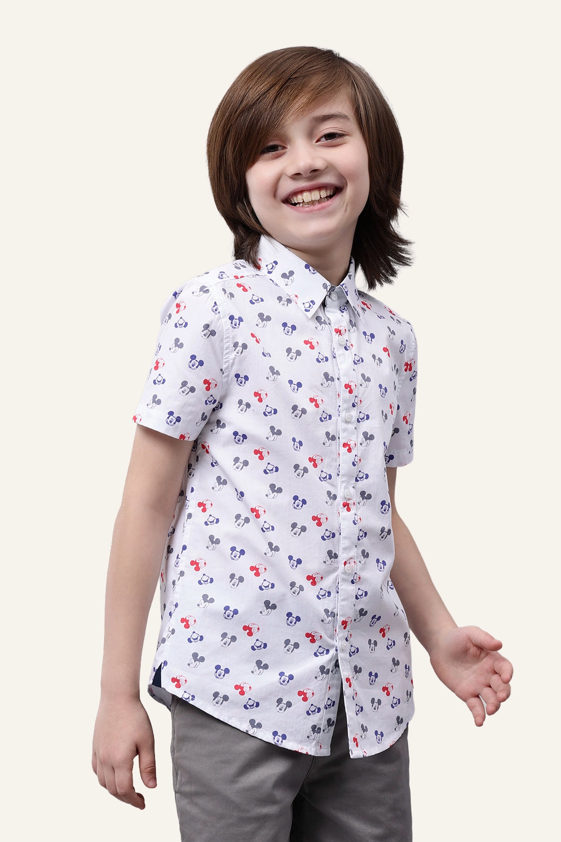 Boys White Mickey Printed Shirt