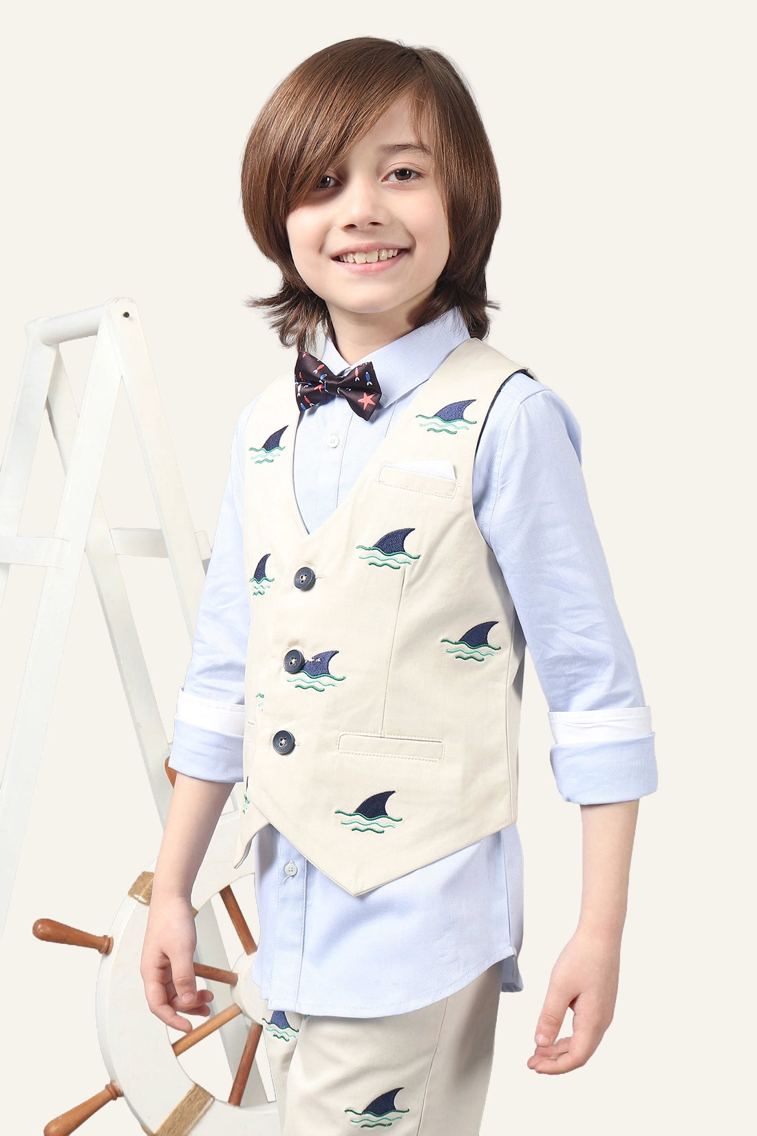 Boys Beige Embroidered Waistcoat