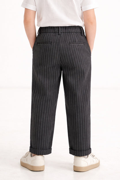 Boys Black Striped Polyester Trousers