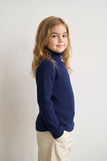 Unisex Navy Blue High Neck Flat Knit Jumper