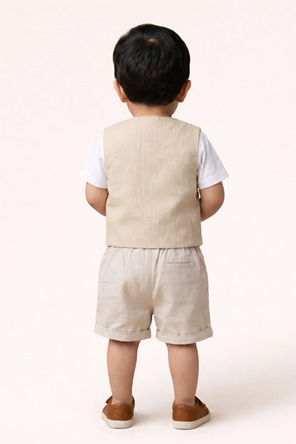 Baby Boys Beige Round Neck Waistcoat with T-Shirt