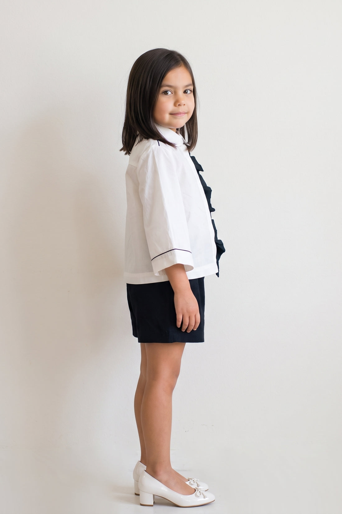 Girls White Cotton Satin Button-Down Top