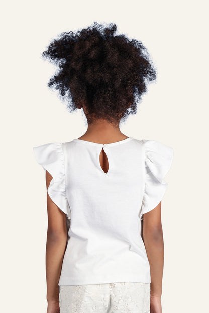 Girls Off White Round Neck Cotton Top