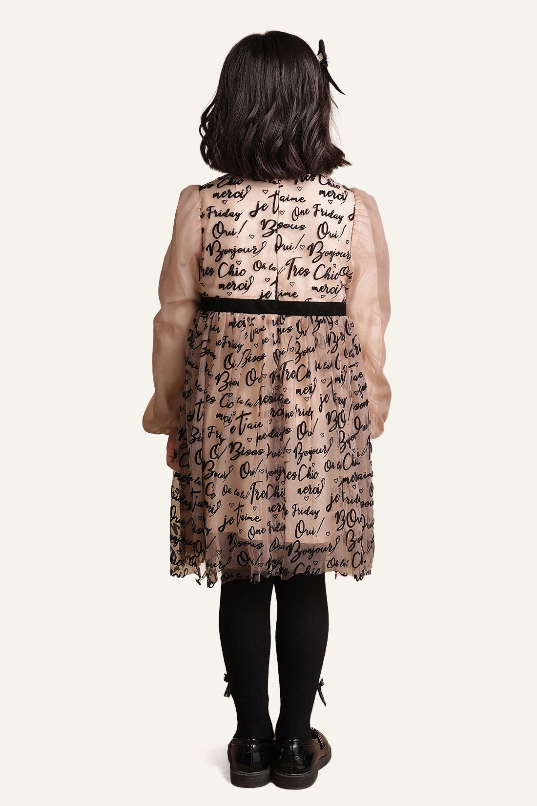 Girls Beige Text Print Dress