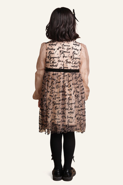 Girls Beige Text Print Dress