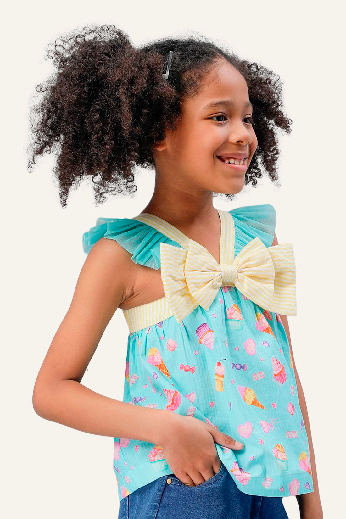 Girls Aqua Cupcake Printed Top with bow
