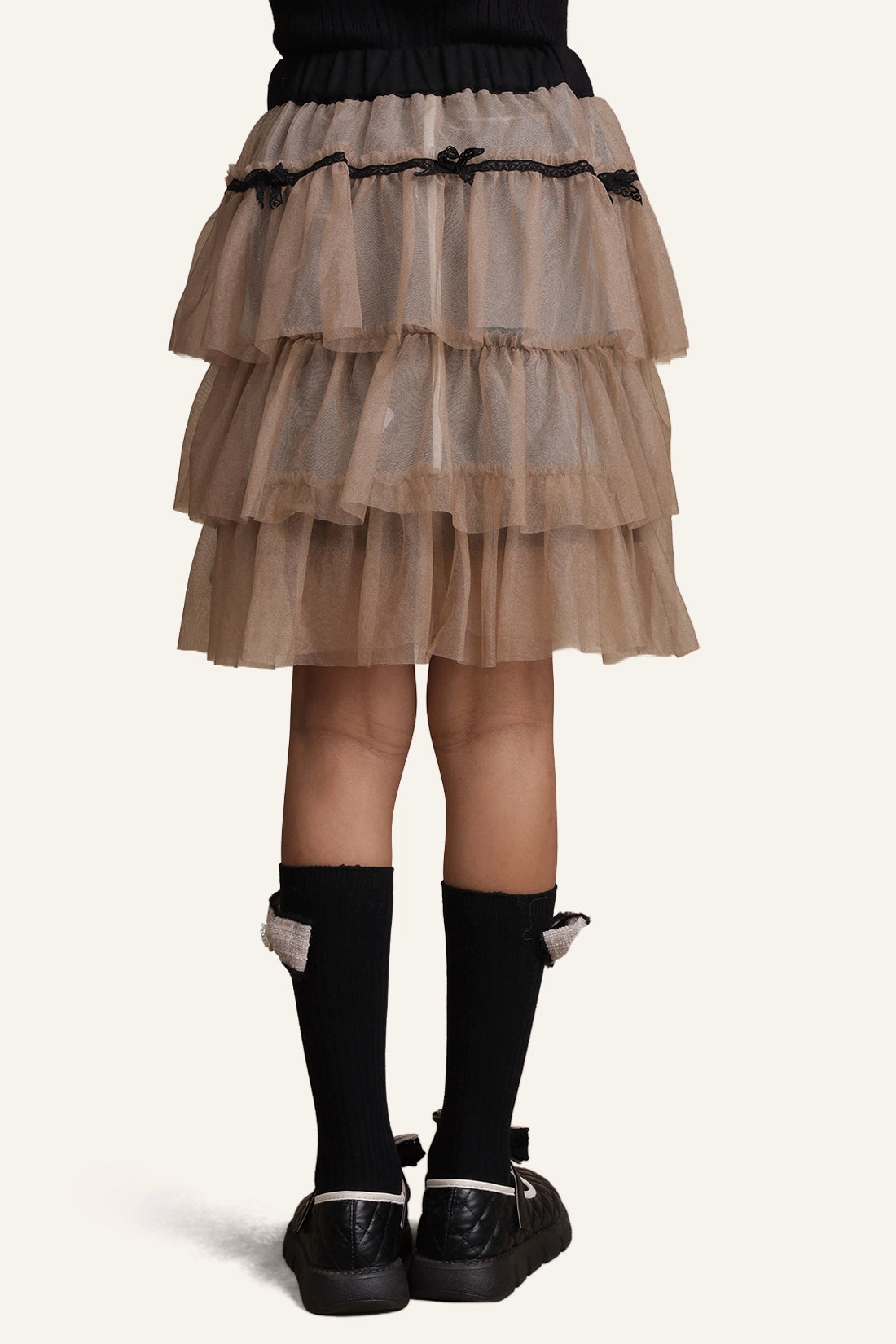 Girls Beige Layered Skirt – Flared Fit