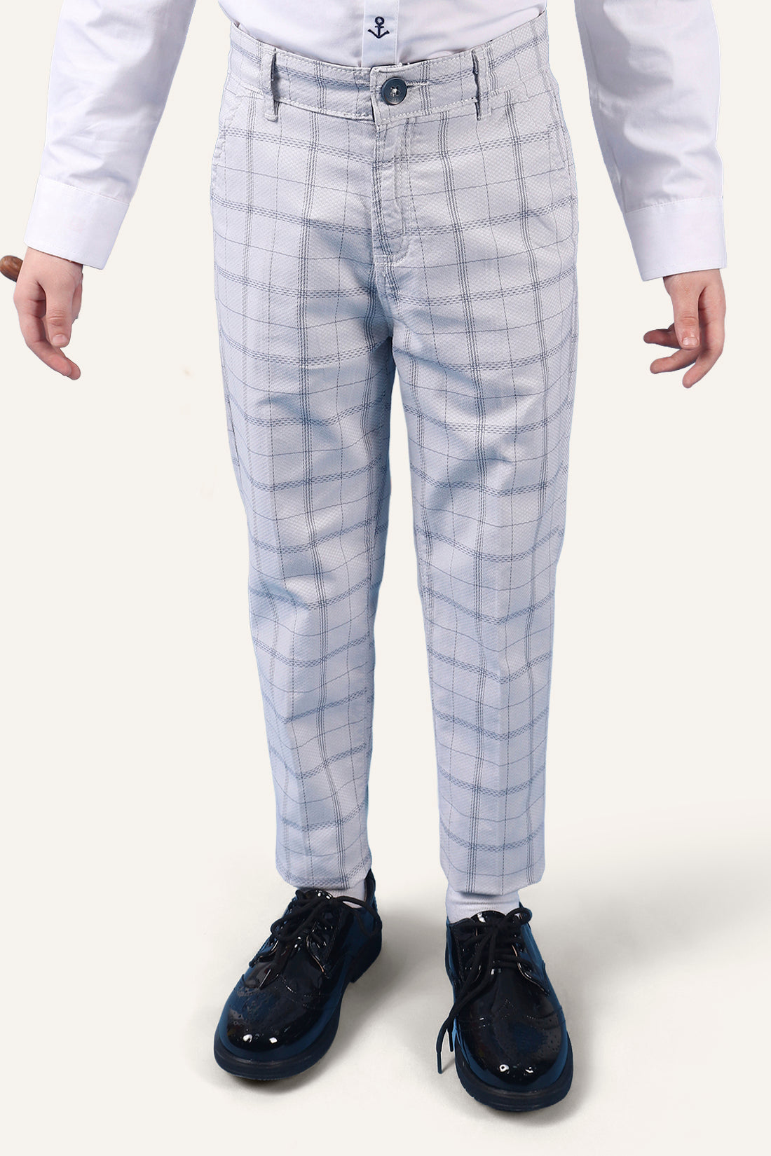 Boys 100% Cotton Grey Check Trouser With Side Pockets