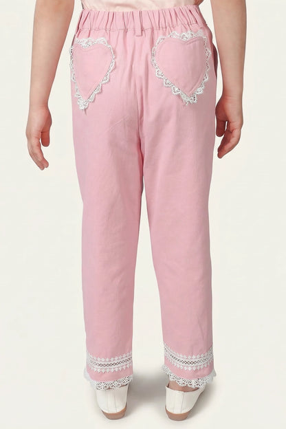 Girls Pink Cotton Laced Trouser