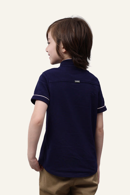 Boys Navy Blue Mandarin Collar Casual Shirt