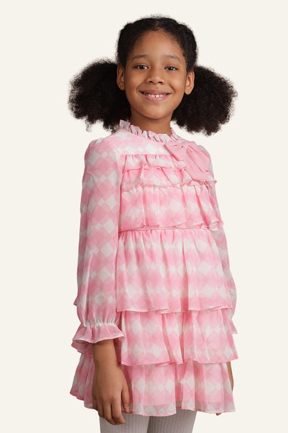 Girls Pink & White Checkered Frill Dress