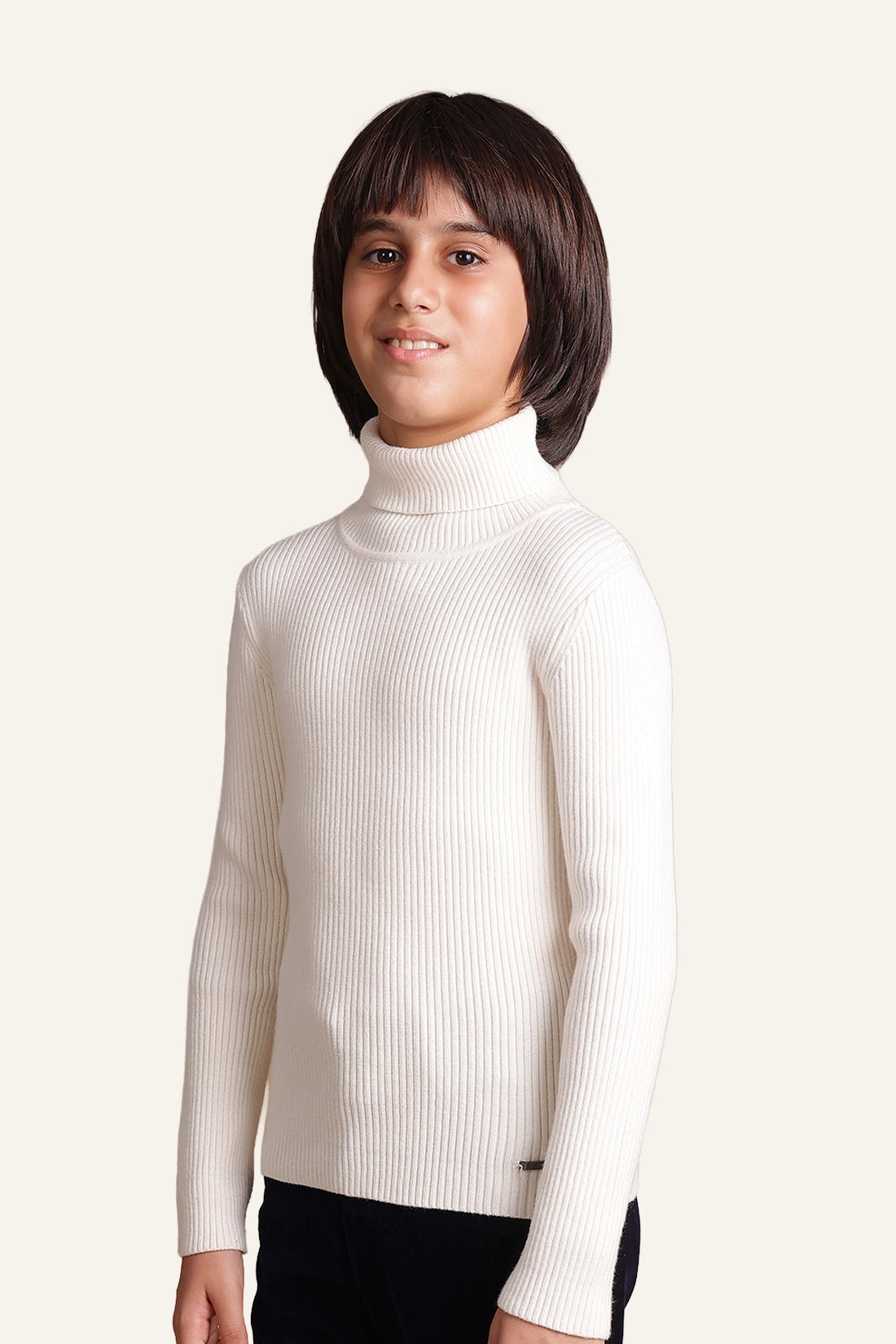 Boys Ivory White Solid Turtleneck Jumper
