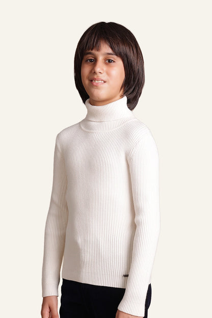Boys Ivory White Solid Turtleneck Jumper