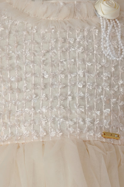 Girls Off White Embellished Mesh Sleeveless Dress