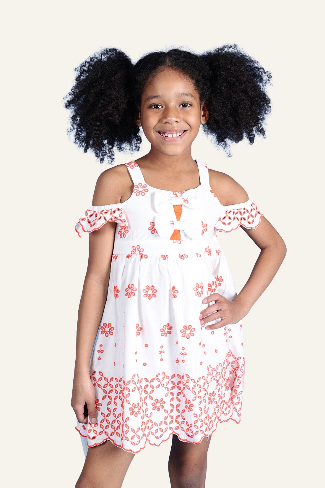 Girls White Cutwork Cold-shoulder Dress