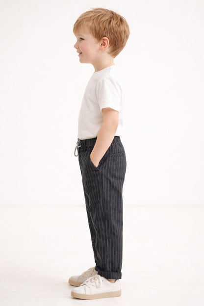 Boys Black Striped Polyester Trousers