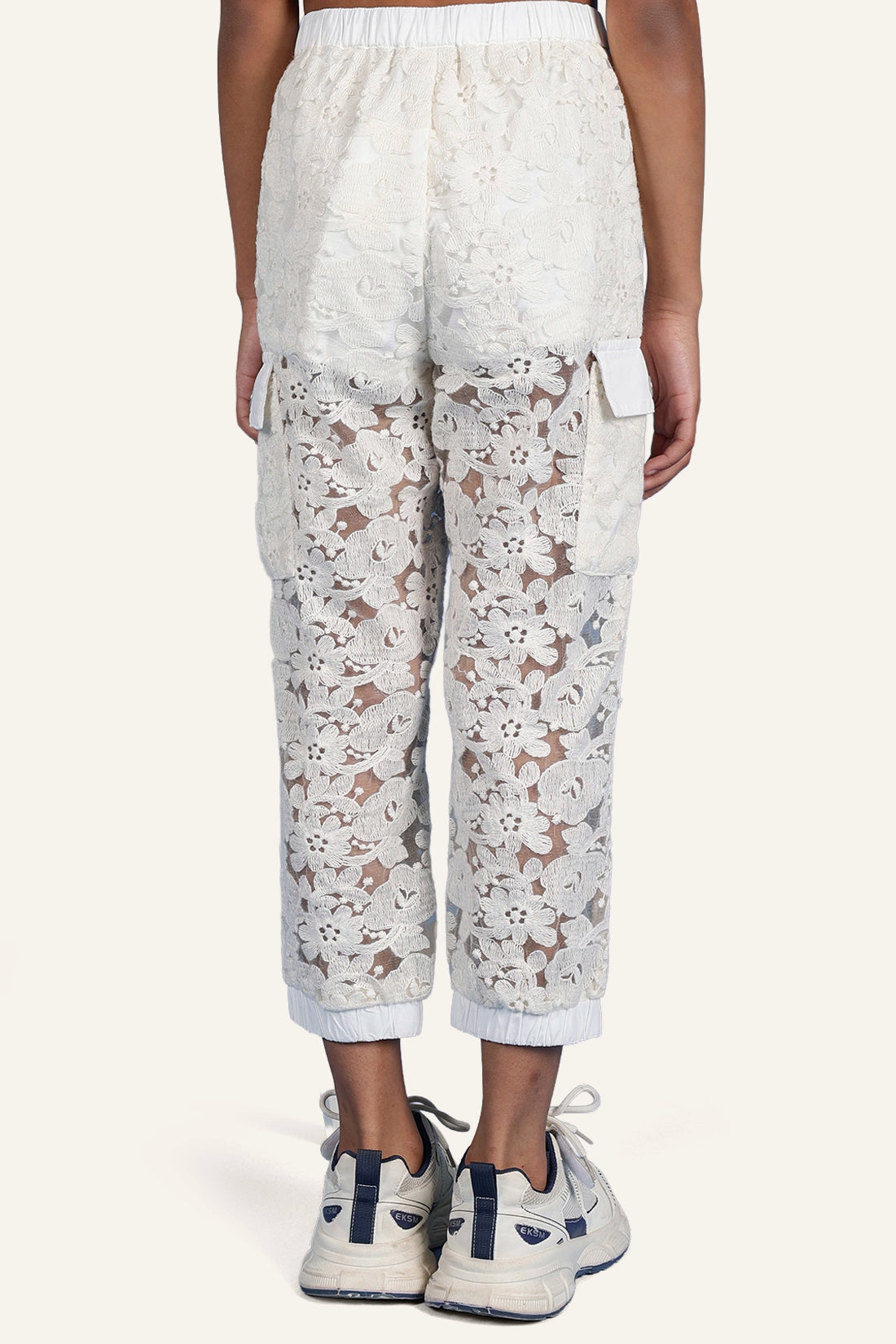 Girls Off White Cotton Laced Jogger