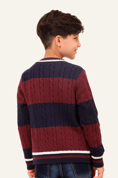 Boys  Blue & Burgundy Stripes Cardigan