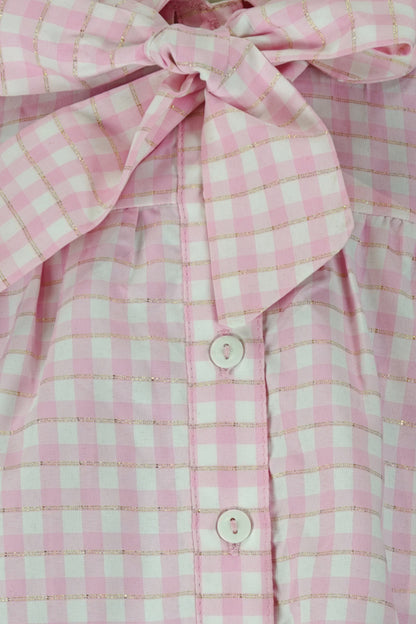 Girls Pink Lurex Check Shirt Collar Top
