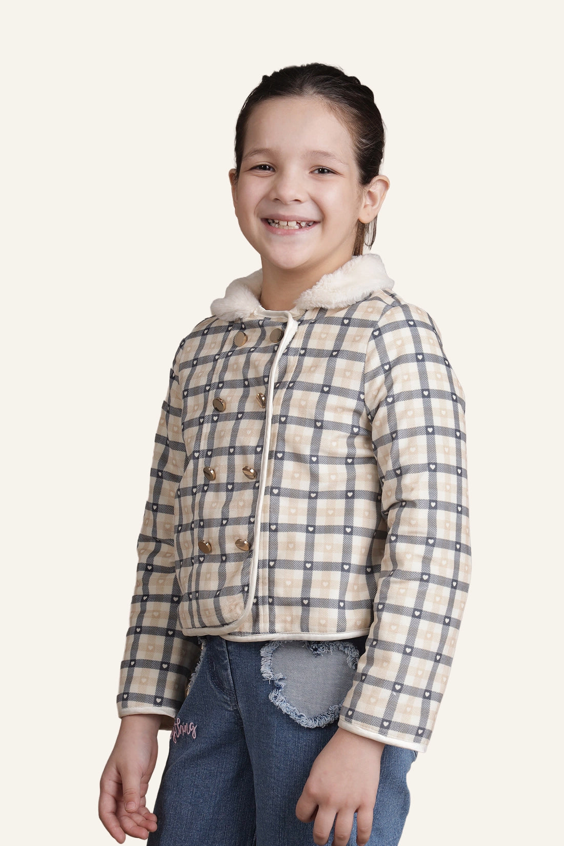 Girls Beige Checks Jacket