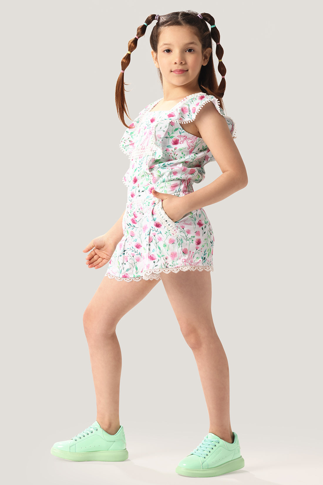One Friday Kids Girls Bambi Printed Laced Cotton Shorts