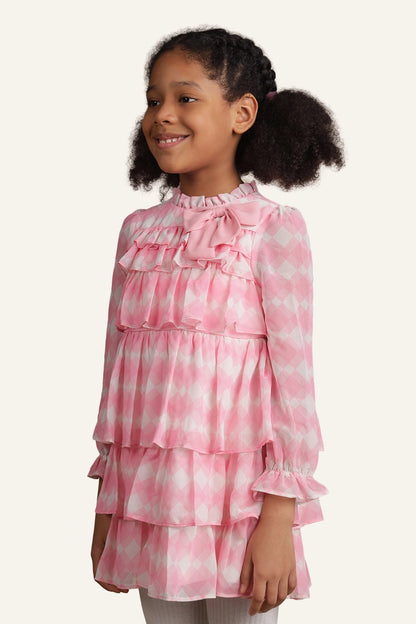 Girls Pink & White Checkered Frill Dress
