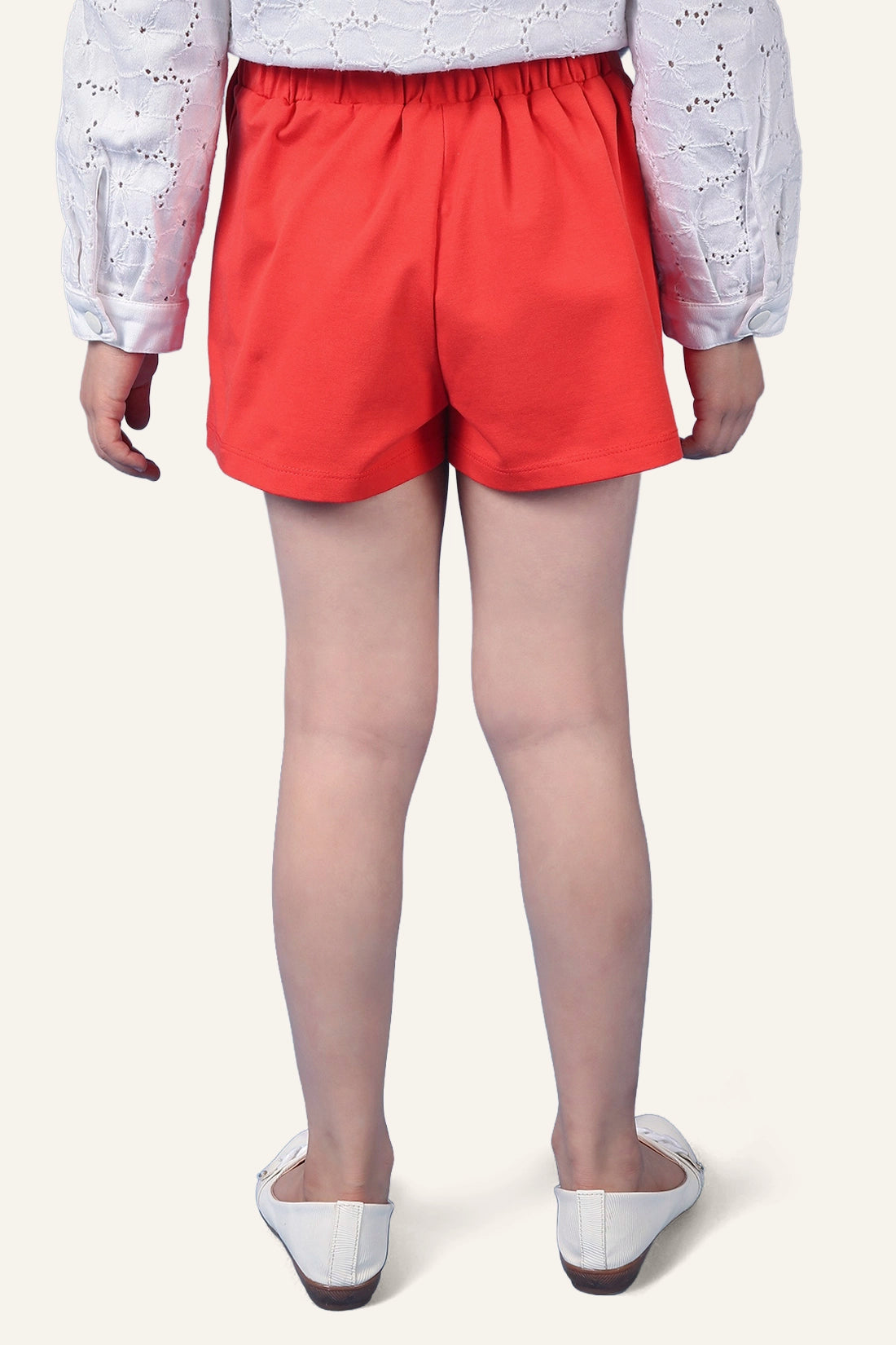 Girls Red Cotton Blend Shorts With Bow Pattern