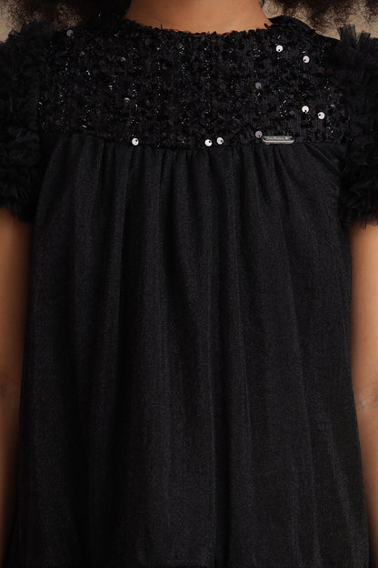 Girls Black Sequinned Embroidered Dress