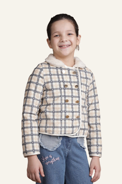 Girls Beige Checks Jacket