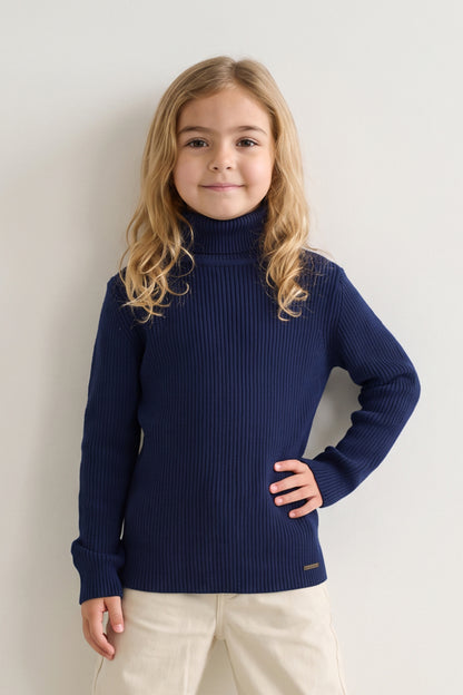 Unisex Navy Blue High Neck Flat Knit Jumper