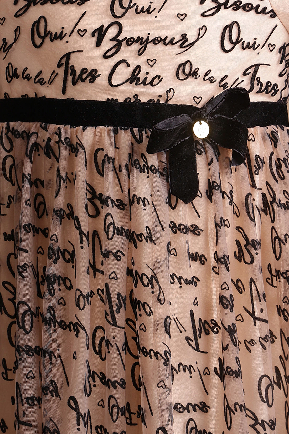 Girls Beige Text Print Dress