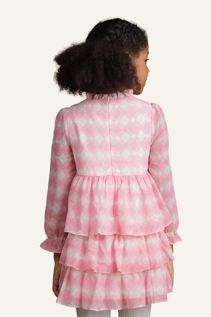 Girls Pink & White Checkered Frill Dress