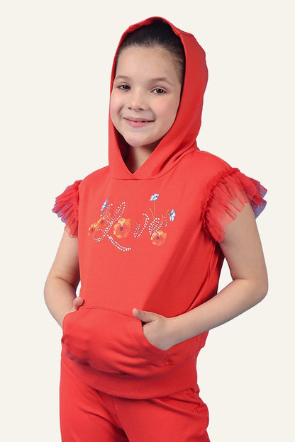 Girls Red Hooded Neckline Top