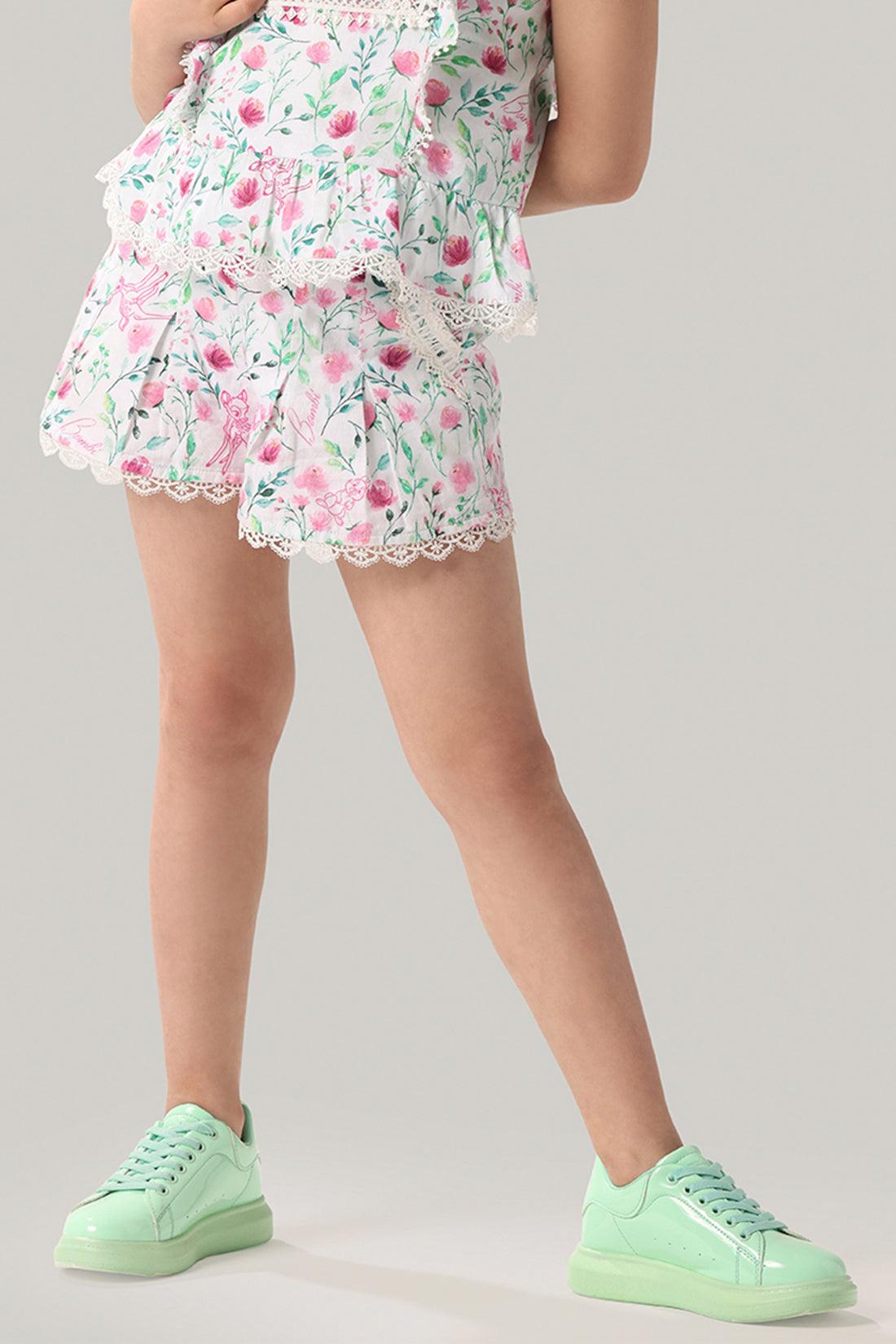 One Friday Kids Girls Bambi Printed Laced Cotton Shorts - One Friday World