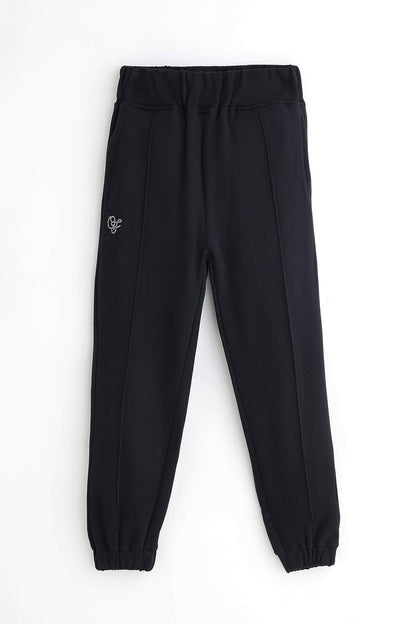 Girls Black Cotton Track Pant with Fleece Finish