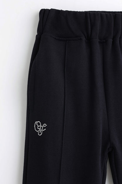 Girls Black Cotton Track Pant with Fleece Finish