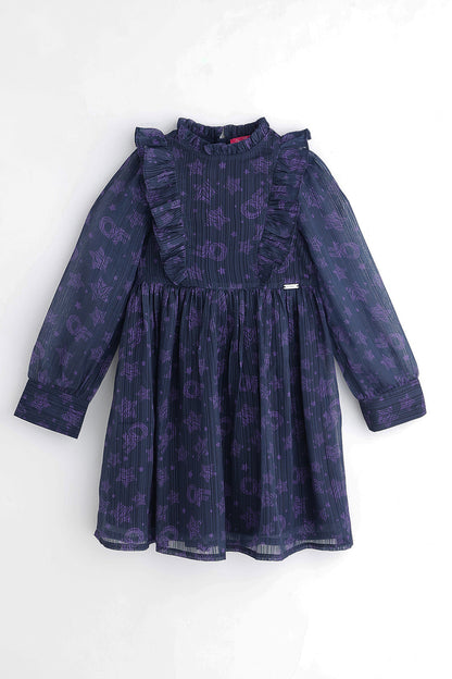 Girls Multicolour Star Print Full Sleeve Dress | One Friday