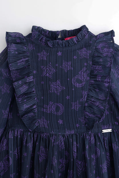 Girls Multicolour Star Print Full Sleeve Dress | One Friday