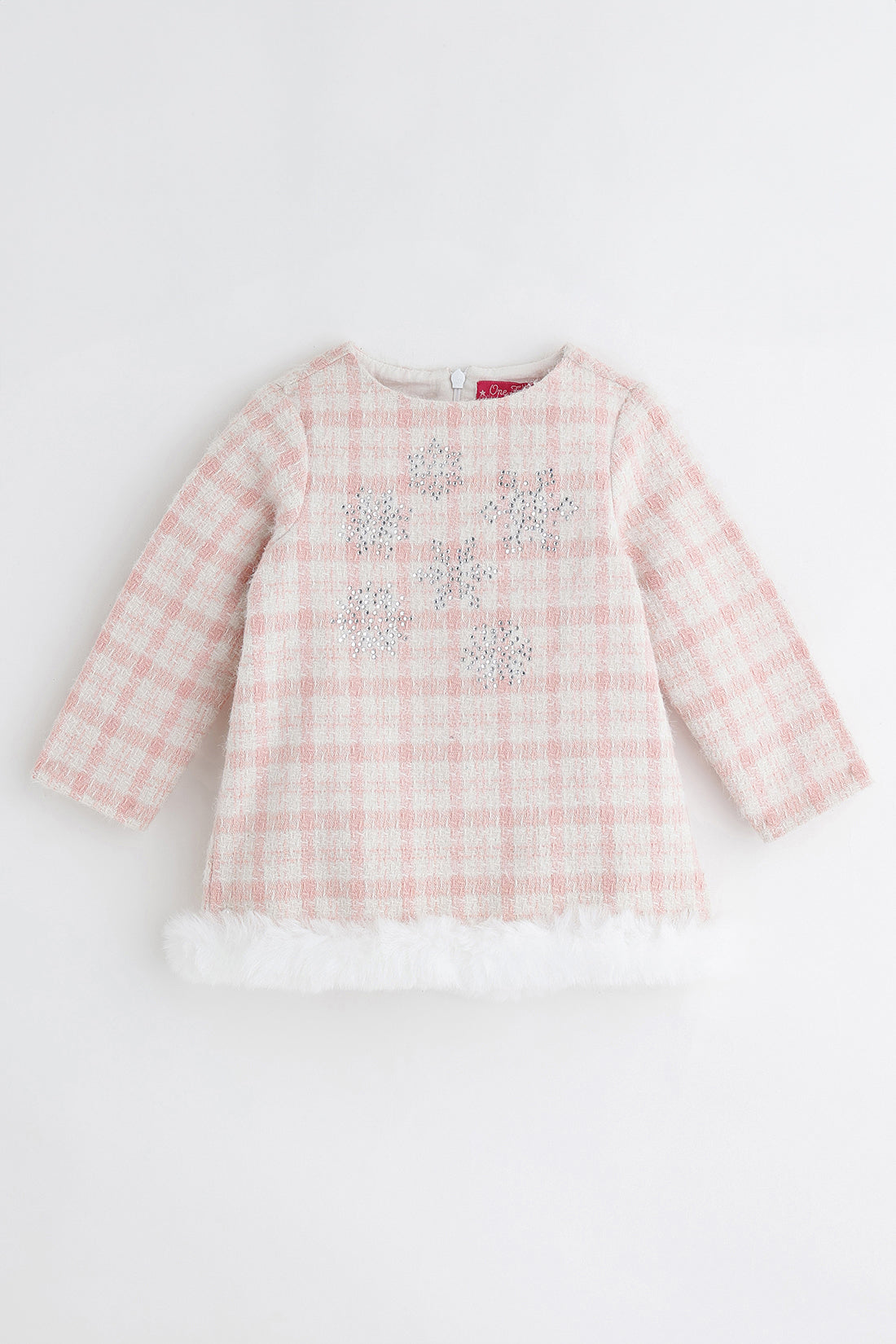 Baby Girls Pink Checked Embellished Woven Dress | One Friday