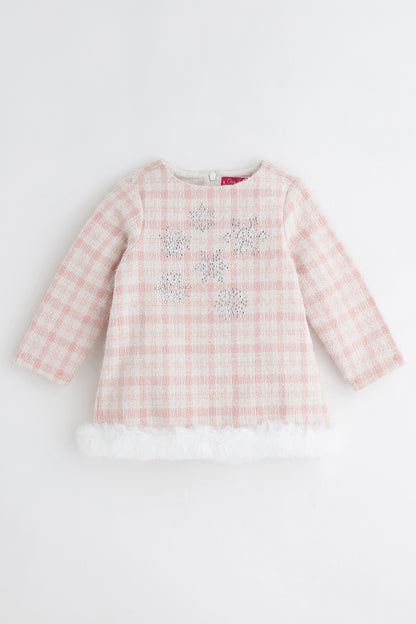 Baby Girls Pink Checked Embellished Woven Dress | One Friday