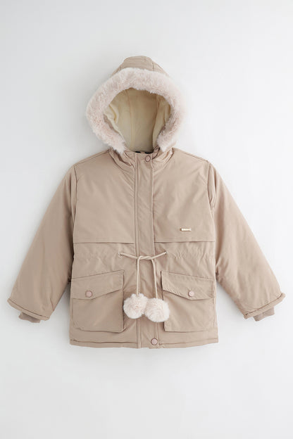 Beige Hooded Embellished Jacket Full Sleeves | One Friday