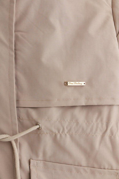 Beige Hooded Embellished Jacket Full Sleeves | One Friday