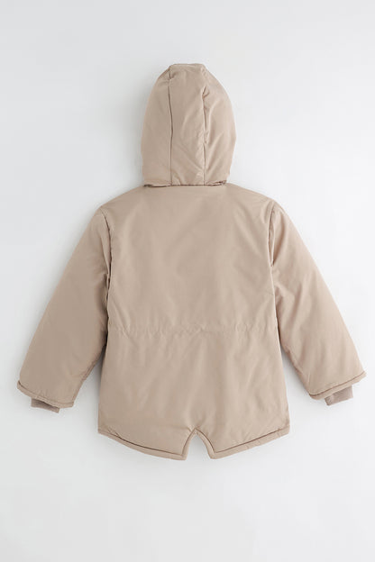 Beige Hooded Embellished Jacket Full Sleeves | One Friday