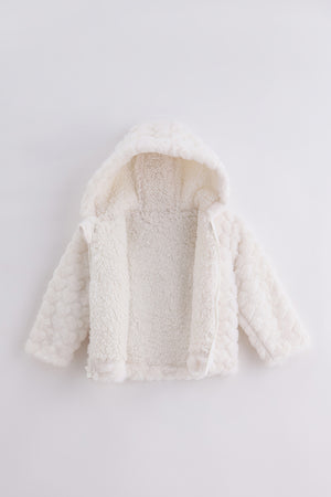 One Friday Baby Girls Off White Faux Fur Woven Jacket – Hooded Full Sleeve Outerwear, Retro Pop