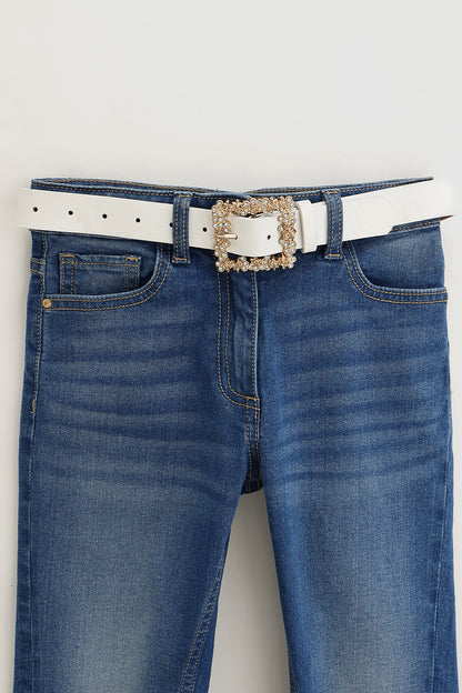 Girls White Leather Belt