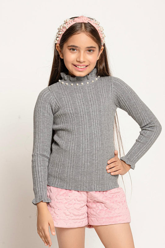 Kids Girls Grey Turtleneck Full Sleeves Knitted Jumper